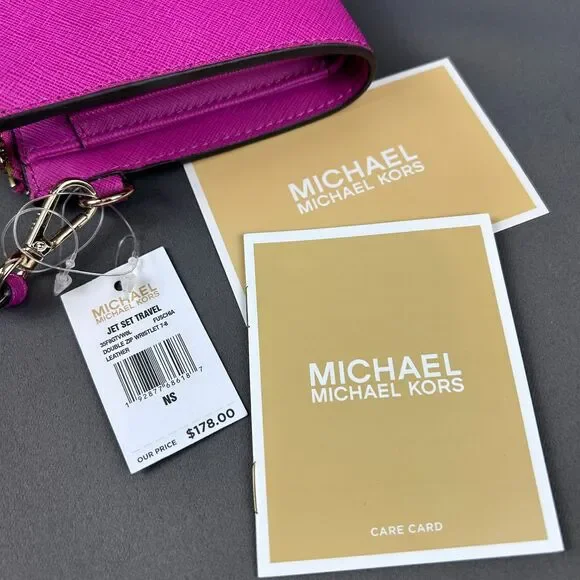 Michael Kors Pink Fuschia Leather Jet Set Travel Double Zip Wristlet Wallet - Picture 5 of 16